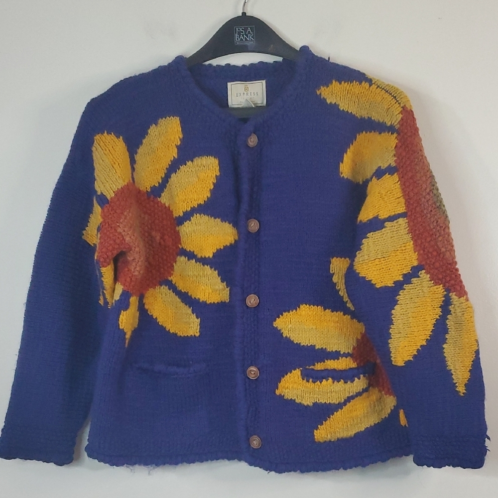 RARE Vintage 80's 90's Original Express Handknitted Wool Large Sunflower Sweater